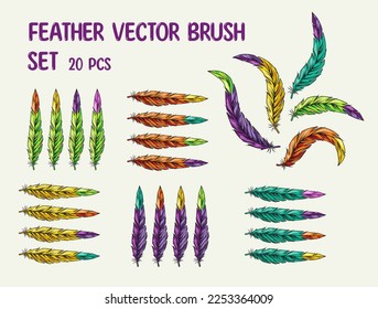 Collection of vector brushes of carnival feathers with colorful tips. Wavy bent feathers in vintage style.
