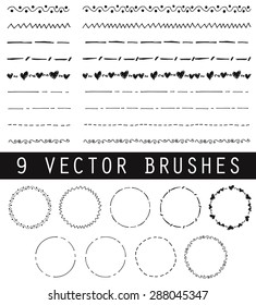 Collection of vector brushes. The dotted line and zigzag, traceries for decoration your work. Vintage round frames.