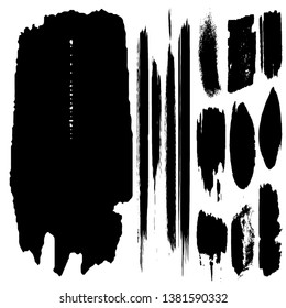 Collection of vector brushes. Set of strokes and spots in grunge style. Black blots and lines isolated on white background