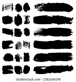 Collection of vector brushes. Set of strokes and spots in grunge style. Black blots and lines isolated on white background