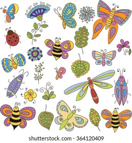 Collection of vector bugs, butterfly, leaves and flowers for design