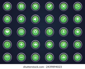 A collection of vector button icons featuring various symbols on a dark background, suitable for interface design