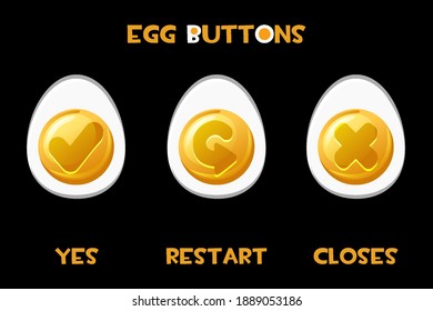 Colección de los huevos de los botones vectoriales reiniciar, cerrar, sí. Conjunto de iconos ovales aislados para la interfaz gráfica de usuario del juego.