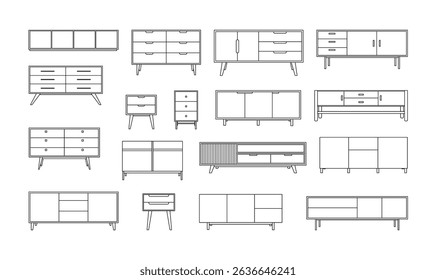 Collection of vector cabinet and drawer silhouettes. Minimalist furniture icons perfect for interior design, home decor, and furniture-themed projects.