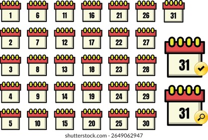 A collection of vector calendar icons with numbers 1-31 in a minimalist flat style. Suitable for apps, digital planners and infographic elements.