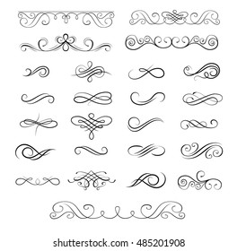 Collection of vector calligraphic element and page decorations. divider vintage invitation. filigree scroll element. On White