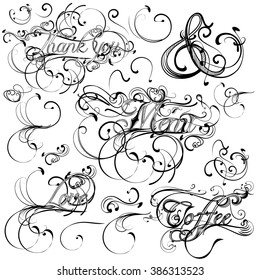 Collection of vector calligraphic signatures from flourishes in vintage style thank you menu and coffee for design