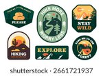 Collection of vector camping and hiking badges with motivational outdoor quotes. Includes tents, mountains, forests, and desert scenes in a retro style. Perfect for travel, adventure, or nature design