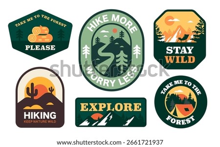 Collection of vector camping and hiking badges with motivational outdoor quotes. Includes tents, mountains, forests, and desert scenes in a retro style. Perfect for travel, adventure, or nature design