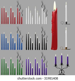 A collection of vector candles in various colors and stages of burning
