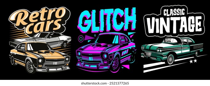 collection of vector car designs for classic, vintage, modern, sports cars, designs for t-shirt screen printing or designs for stickers