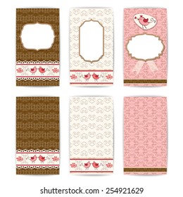 Collection of vector card templates with birds. For Save The Date, birthday cards, invitations, valentine`s day.
