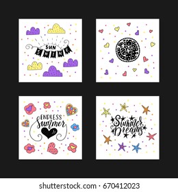 Collection of vector cards with hand drawn summer quotes. Handwritten with ink and brush pen. Love summer lettering collection for print, greeting cards and photo overlays.