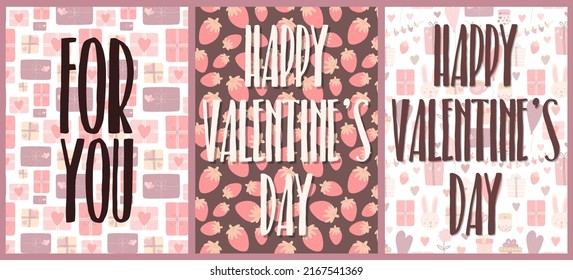 Collection of the vector cards with love inscriptions on the backgrounds of the strawberries, gifts, hearts . Illustration for Valentine's Day, lovers, prints, clothes, banners, flyers, holidays.