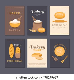 Collection of vector cards shop bakery with bread, flour, loaf, slice of bread.  Set of templates for business cards, cafe menu, banners, covers, coupons, labels, packaging. Illustration of pastries.