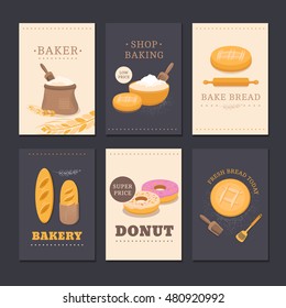 Collection of vector cards shop bakery with bread, flour, loaf and donut. Set of templates for business cards, cafe menu, banners, covers, coupons, labels, tag and packaging. Illustration of pastries.