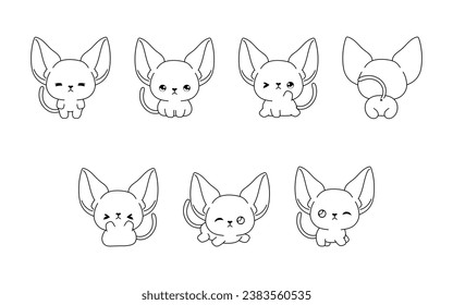 Collection of Vector Cartoon Abyssinian Cat Coloring Page. Set of Kawaii Isolated Baby Animal Outline for Stickers, Baby Shower, Coloring Book, Prints for Clothes. 