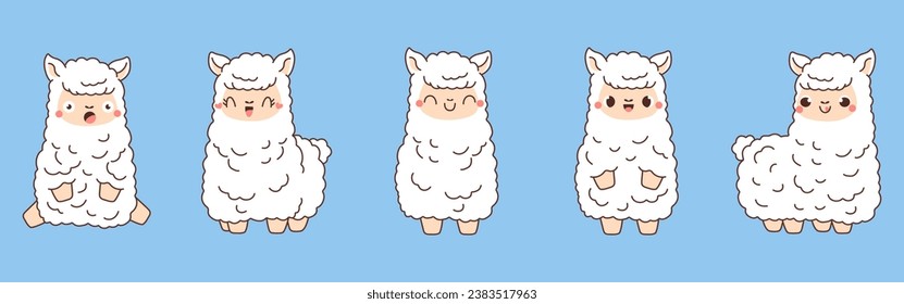 Collection of Vector Cartoon Alpaca Art. Set of Kawaii Isolated Baby Llama Illustrations for Prints for Clothes, Stickers, Baby Shower, Coloring Pages. 