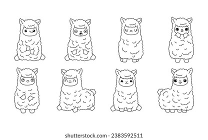 Collection of Vector Cartoon Alpaca Coloring Page. Set of Kawaii Isolated Baby Llama Outline for Stickers, Baby Shower, Coloring Book, Prints for Clothes. 