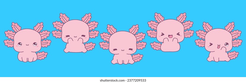 Kollektion von Vektorgrafik Axolotl Art. Set von Kawaii Tierillustrationen für Kleidungsdrucke, Aufkleber, Babydusche, Farbseiten. 