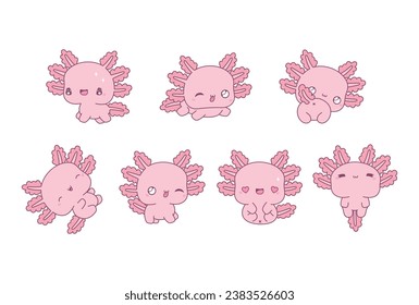 Collection of Vector Cartoon Axolotl Art. Set of Kawaii Isolated Animal Illustrations for Prints for Clothes, Stickers, Baby Shower, Coloring Pages. 