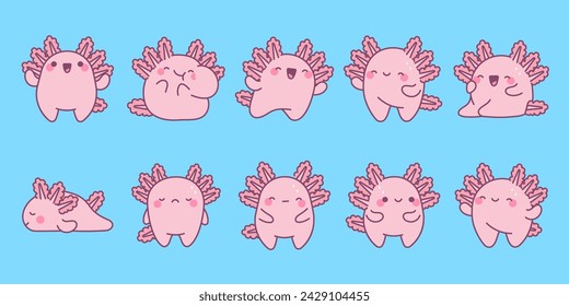 Collection of Vector Cartoon Axolotl Art. Set of Kawaii Isolated Reptile Animal Illustrations for Prints for Clothes, Stickers, Baby Shower, Coloring Pages.
