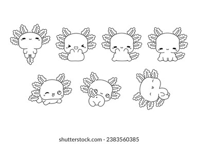 Collection of Vector Cartoon Axolotl Coloring Page. Set of Kawaii Isolated Animal Outline for Stickers, Baby Shower, Coloring Book, Prints for Clothes. 