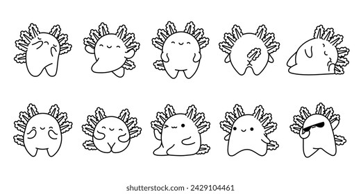 Sammlung von Vektor-Cartoon Axolotl Färbung Seite. Set von Kawaii Isolated Reptile Animal Outline für Aufkleber, Babydusche, Malbuch, Drucke für Kleidung.
