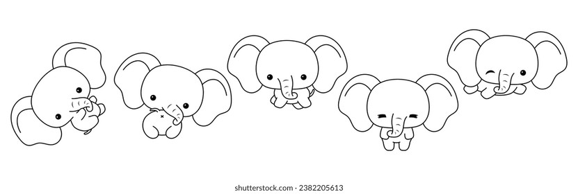 Collection of Vector Cartoon Baby Elephant Coloring Page. Set of Kawaii Isolated Animal Outline for Stickers, Baby Shower, Coloring Book, Prints for Clothes. 