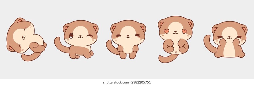 Collection of Vector Cartoon Baby Ferret Art. Set of Kawaii Isolated Baby Animal Illustrations for Prints for Clothes, Stickers, Baby Shower, Coloring Pages. 