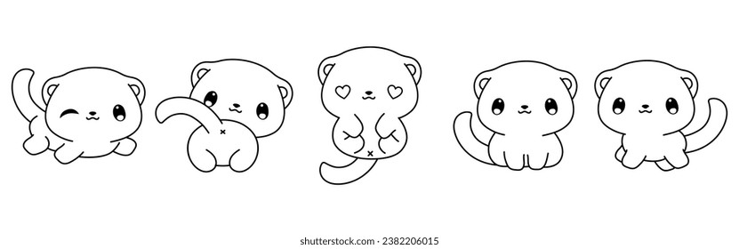 Kollektion von Vector Cartoon Baby Ferret Farbing Page. Set von Kawaii Isolated Baby Animal Outline für Aufkleber, Baby Shower, Farbbuch, Prints für Kleidung. 