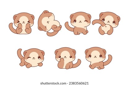 Collection of Vector Cartoon Baby Ferret Art. Set of Kawaii Isolated Baby Animal Illustrations for Prints for Clothes, Stickers, Baby Shower, Coloring Pages. 