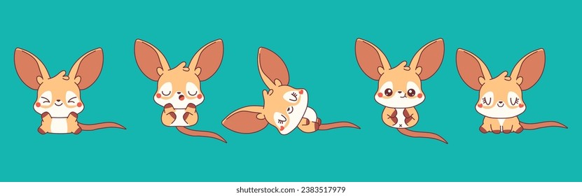 Collection of Vector Cartoon Baby Kangaroo Art. Set of Kawaii Isolated Baby Marsupial Animal Illustrations for Prints for Clothes, Stickers, Baby Shower, Coloring Pages. 