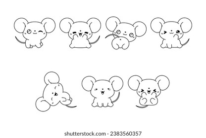 Collection of Vector Cartoon Baby Mouse Coloring Page. Set of Kawaii Isolated Rat Outline for Stickers, Baby Shower, Coloring Book, Prints for Clothes. 