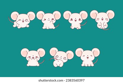 Collection of Vector Cartoon Baby Mouse Art. Set of Kawaii Isolated Rat Illustrations for Prints for Clothes, Stickers, Baby Shower, Coloring Pages. 
