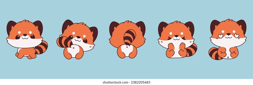 Collection of Vector Cartoon Baby Red Panda Art. Set of Kawaii Isolated Animal Illustrations for Prints for Clothes, Stickers, Baby Shower, Coloring Pages. 