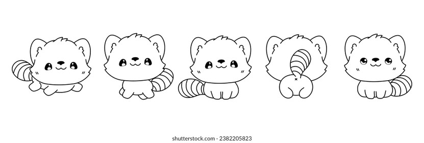 Colección de dibujos animados de los vectores: página Red Panda Coloring. Conjunto de Kawaii Rótulo de Animales Aislados para Pegatinas, Ducha Infantil, Libro de Colores, Impresiones para Ropa. 