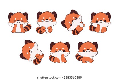 Collection of Vector Cartoon Baby Red Panda Art. Set of Kawaii Isolated Animal Illustrations for Prints for Clothes, Stickers, Baby Shower, Coloring Pages. 