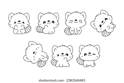 Collection of Vector Cartoon Baby Red Panda Coloring Page. Set of Kawaii Isolated Animal Outline for Stickers, Baby Shower, Coloring Book, Prints for Clothes. 