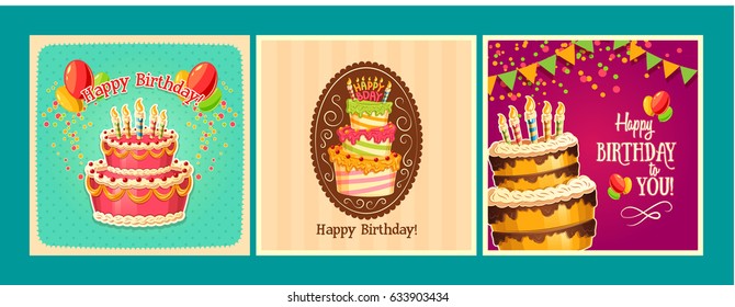 Collection of vector cartoon backgrounds with birthday cakes and candles. Design elements, templates for greeting cards and invitations to a party