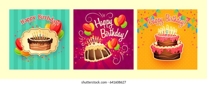 Collection of vector cartoon backgrounds with birthday cakes and candles. Design elements, templates for greeting cards and invitations to a party