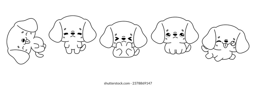 Collection of Vector Cartoon Beagle Dog Coloring Page. Set of Kawaii Isolated Puppy Outline for Stickers, Baby Shower, Coloring Book, Prints for Clothes. 