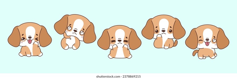 Collection of Vector Cartoon Beagle Dog Art. Set of Kawaii Isolated Animal Illustrations for Prints for Clothes, Stickers, Baby Shower, Coloring Pages. 