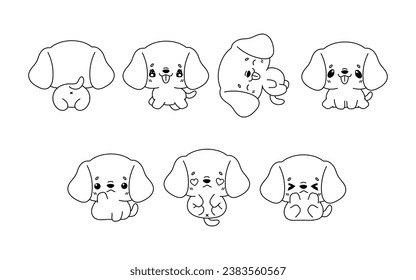 Collection of Vector Cartoon Beagle Dog Coloring Page. Set of Kawaii Isolated Puppy Outline for Stickers, Baby Shower, Coloring Book, Prints for Clothes. 