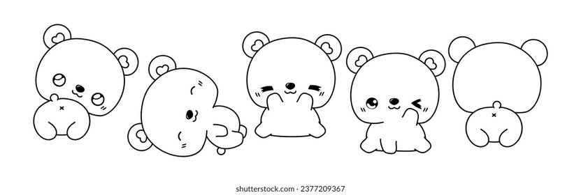 Collection of Vector Cartoon Bear Coloring Page. Set of Kawaii Isolated Animal Outline for Stickers, Baby Shower, Coloring Book, Prints for Clothes. 