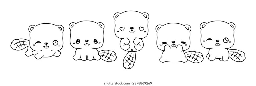 Collection of Vector Cartoon Beaver Coloring Page. Set of Kawaii Isolated Animal Outline for Stickers, Baby Shower, Coloring Book, Prints for Clothes. 