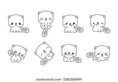 Collection of Vector Cartoon Beaver Coloring Page. Set of Kawaii Isolated Animal Outline for Stickers, Baby Shower, Coloring Book, Prints for Clothes. 