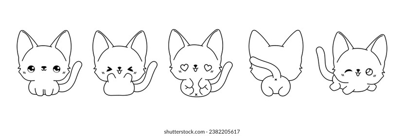 Colección de la página de Coloración de Gatos de Bengala de dibujos vectores. Juego de Kawaii Aislado Baby Kitty Conbrete para Pegatinas, Bebé Ducha, Libro de Colores, Impresiones para Ropa. 