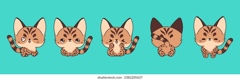 Collection of Vector Cartoon Bengal Cat Art. Set of Kawaii Isolated Baby Kitty Illustrations for Prints for Clothes, Stickers, Baby Shower, Coloring Pages. 