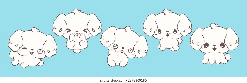 Collection of Vector Cartoon Bichon Frise Dog Art. Set of Kawaii Isolated Puppy Illustrations for Prints for Clothes, Stickers, Baby Shower, Coloring Pages. 